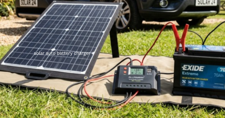 Solar auto battery charger using a portable solar panel to charge a car battery outdoors.