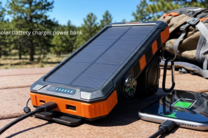 Solar battery charger power bank charging a smartphone outdoors