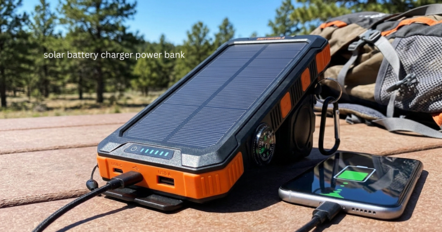 Solar battery charger power bank charging a smartphone outdoors