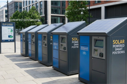 Solar powered postboxes with rooftop panels on a modern UK city street