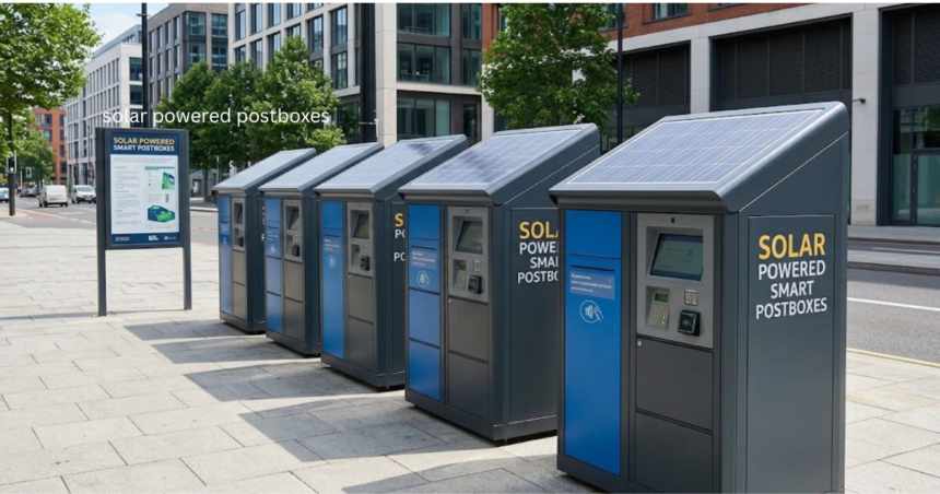 Solar powered postboxes with rooftop panels on a modern UK city street