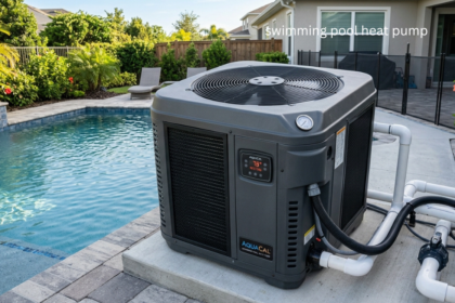 An AquaCal swimming pool heat pump connected to white PVC pool piping next to a backyard swimming pool.