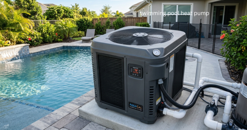 An AquaCal swimming pool heat pump connected to white PVC pool piping next to a backyard swimming pool.