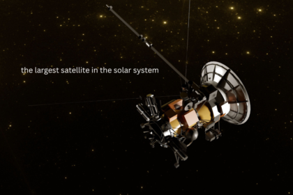 The largest satellite in the solar system shown with a spacecraft against a star filled space background.