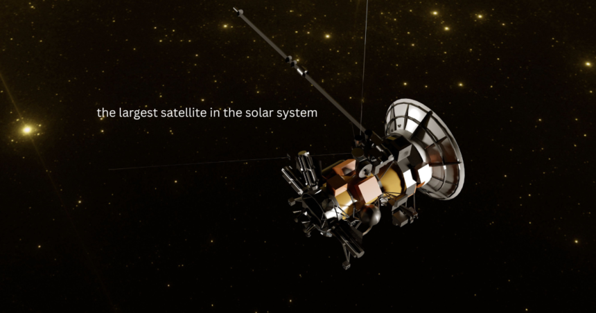 The largest satellite in the solar system shown with a spacecraft against a star filled space background.