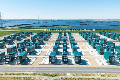 Utility-scale solar array with energy battery storage units under sunlight representing cost of 10 solar panels and battery UK.