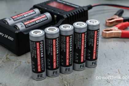 Fogstar Energy battery 18 650 high performance lithium-ion cells with a 4-slot charger on a metal workbench.