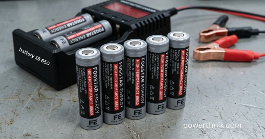 Fogstar Energy battery 18 650 high performance lithium-ion cells with a 4-slot charger on a metal workbench.