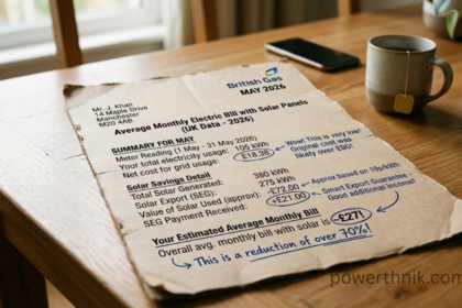 Average monthly electric bill with solar panels UK shown on paper invoice