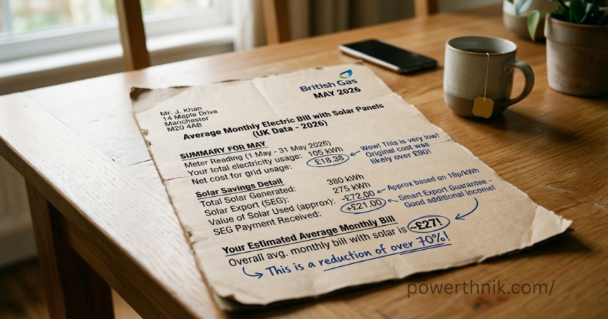 Average monthly electric bill with solar panels UK shown on paper invoice