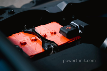 A close-up of a high-performance orange lithium leisure battery installed in a vehicle engine bay.