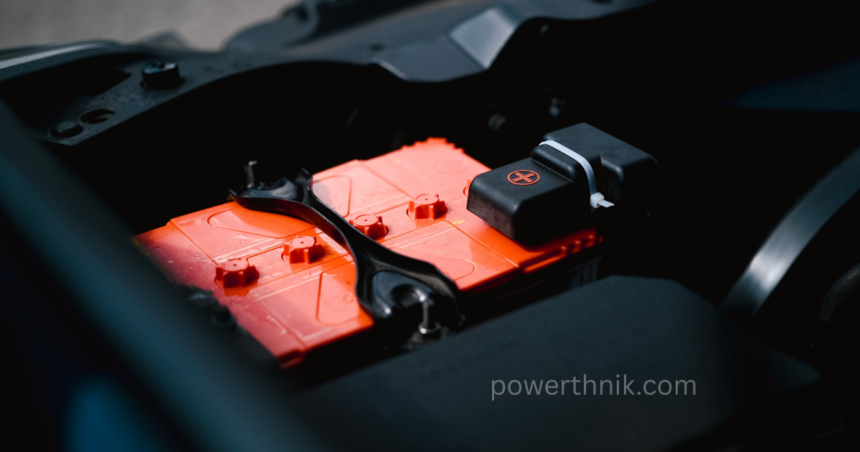 A close-up of a high-performance orange lithium leisure battery installed in a vehicle engine bay.