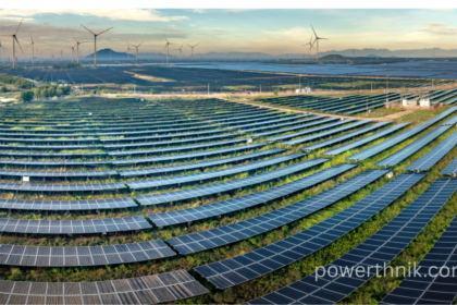Lidl solar panels style large solar farm with wind turbines at sunset