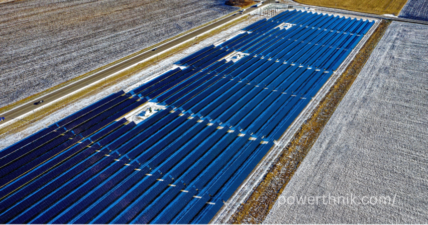 Lidl plug in solar panels style solar array in a snowy field beside a highway.