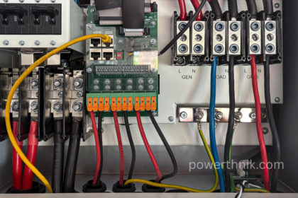 12V to 240V inverter wiring compartment showing GEN, LOAD and GRID terminals, DC battery cable lugs and communication ports