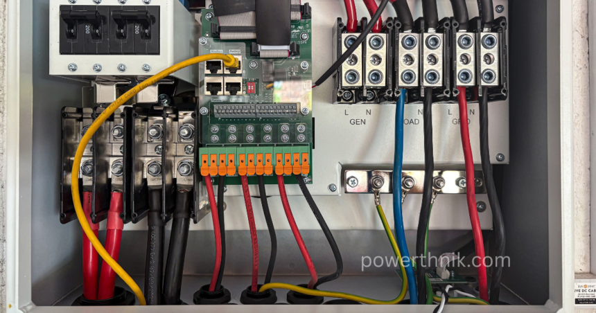 12V to 240V inverter wiring compartment showing GEN, LOAD and GRID terminals, DC battery cable lugs and communication ports